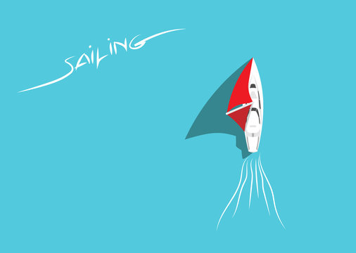 White Sailing Yacht in Azure Sea Top View. Sailing Ship with Red Sails Floating in Ocean. Aerial View. Summer Holiday Background. Copy Space. Flat Design Style. Eps10 Vector Illustration.