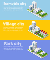 Modern 3D city isometric three-dimensional infographic option banner with colorful isometric city for the business conceptual graphs and diagrams, including skyscrapers, homes and stores with streets