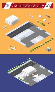 Isometric 3D city airport with transport aircraft and the runway. Skyscrapers, houses and streets with urban traffic movement of the car with trees and nature