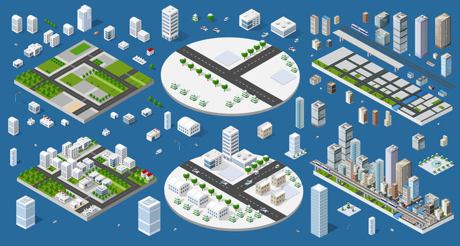 Cityscape design elements with isometric building city map generator. 3D flat icon set. Isolated collection elements for creating your perfect road, park, transport, trees, infrastructure, industrial