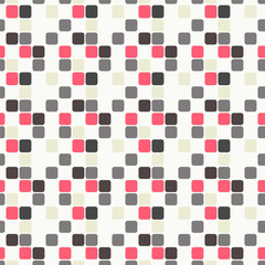 Seamless geometric pattern with pink, light blue, violet and grey squares on light beige background.
