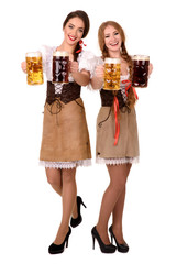 Two beautiful blond and brunette girls of oktoberfest beer stein