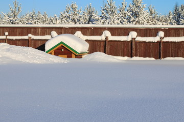 Собачья будка зимой среди сугробов за городом.