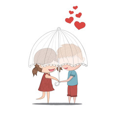 Cute cartoon doodle lovers a boy and a girl under umbrella.cute