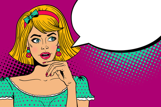 Wow female face. Young sexy surprised blonde woman with open mouth looking at empty speech bubble and holding hand near her face. Vector colorful background in pop art retro comic style.