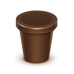 Vector Brown Blank Food Plastic Tub Bucket Container For Chocolate Dessert, Yogurt, Ice Cream, Sour Cream with Label for Package Design Mock Up Close up Isolated on White Background