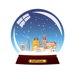 Snow globe city. Portugal. Winter travel vector.