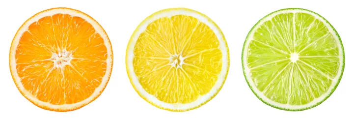 Wandcirkels aluminium Citrusvrucht. Sinaasappel, citroen, limoen, grapefruit. Plakjes geïsoleerd o © Tim UR