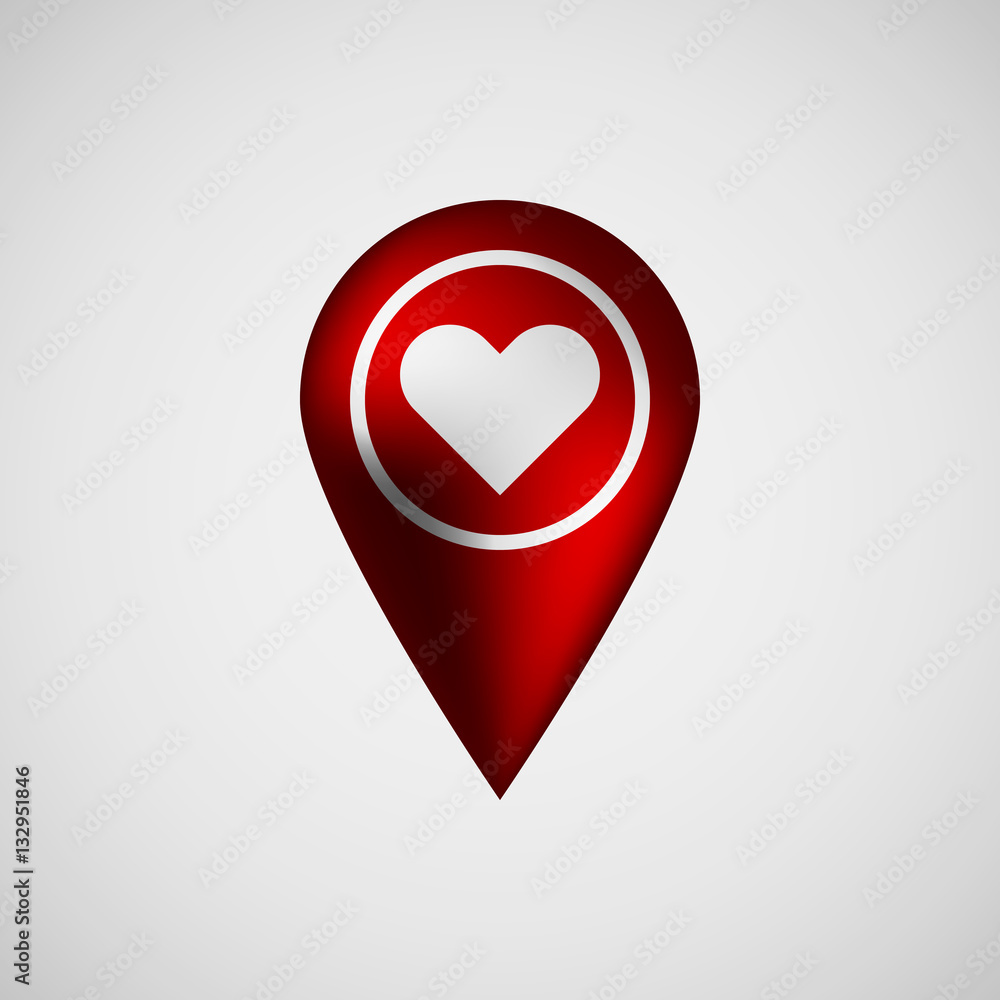 Poster red abstract map pointer badge, gps button with love, valentines heart sign, realistic reflex and li