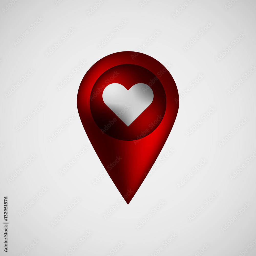 Poster red abstract map pointer badge, gps button with love, valentines heart sign, realistic reflex and li