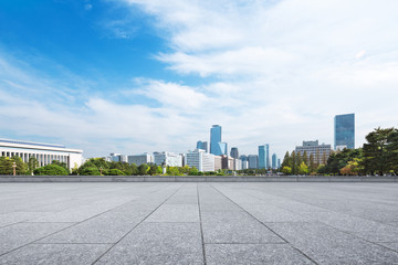 cityscape and skyline of seoul from empty brick floor