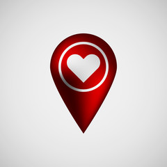 Red abstract map pointer badge, GPS button with love,  Valentines heart sign, realistic reflex and light background for logo, design concepts, banners, applications, apps, prints. Vector illustration.