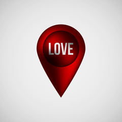 Red abstract map pointer badge, GPS button with love, valentines day text, realistic reflex and light background for logo, design concepts, banners, applications, apps, prints. Vector illustration.