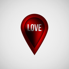 Red abstract map pointer badge, GPS button with love, valentines day text, realistic reflex and light background for logo, design concepts, banners, applications, apps, prints. Vector illustration.