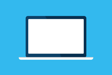 Laptop, computer icon. Device isolated on blue. White screen, template blank, mock up. Vector cartoon flat illustration for web site, mobile app, UI