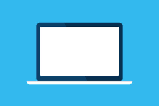 Laptop, computer icon. Device isolated on blue. White screen, template blank, mock up. Vector cartoon flat illustration for web site, mobile app, UI