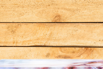 Empty top marble shelves and wooden wall background / for product display montage product display
