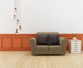 modern sofa interior in the room with shelf in 3D render image