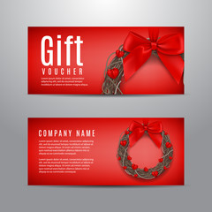 Valentine's Day red gift voucher. Unusual design of coupon usable for invitation and ticket. Vector illustration with wreath and hearts on the satine bow.