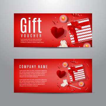 Red Gift Voucher For Valentine's Day. Unusual Design Of Coupon Usable For Invitation And Ticket. Top View On Gift Box, Red Case For Ring, Candles, Confetti And Serpentine.