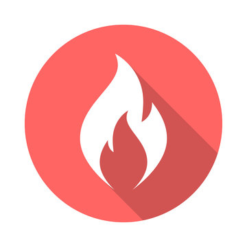 Fire Flame Icon With Long Shadow. Flat Design Style. Round Icon. Fire Flame Silhouette. Simple Circle Icon. Modern Flat Icon In Stylish Colors. Web Site Page And Mobile App Design Vector Element.