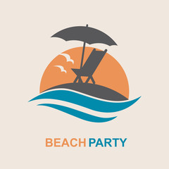 emblem of summer vacation with reclining chair and umbrella on island
