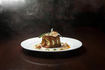 Crédence de cuisine en verre imprimé Plats de repas Vegetable Ratatouille, serving with smoke