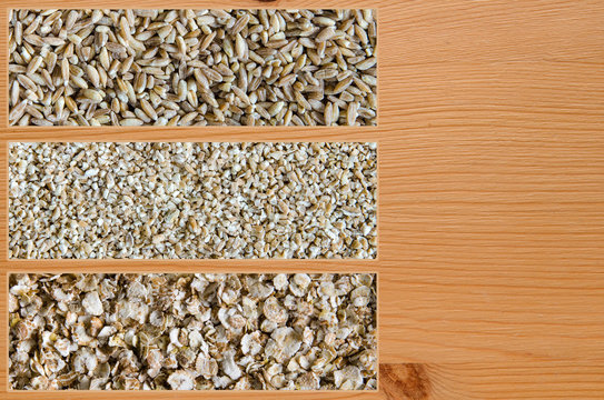 Collage consisting of spelt and cut wheat and wheat flakes. Food background. Healthy lifestyle concept. Closeup macro shot.