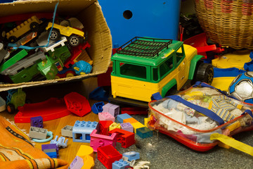Colorful wooden childen's building blocks scattered loose
