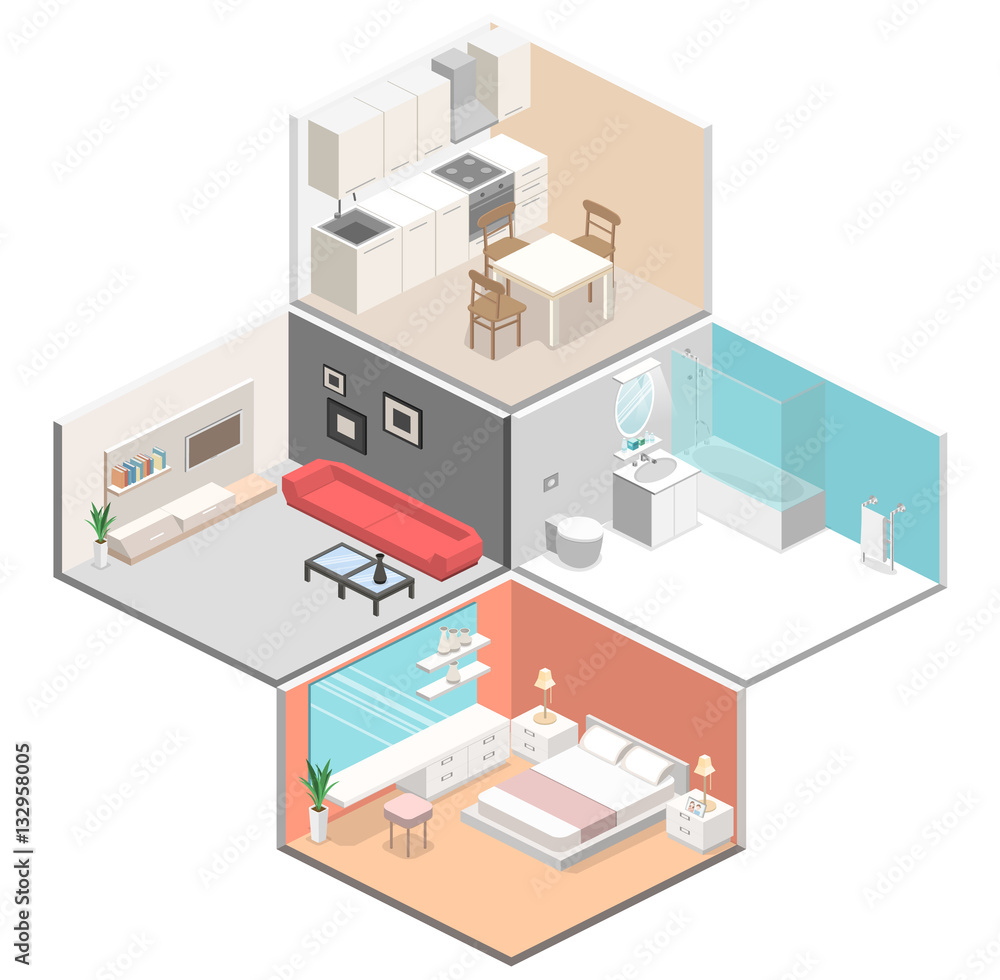 Wall mural isometric flat 3d concept vector interior of studio apartments