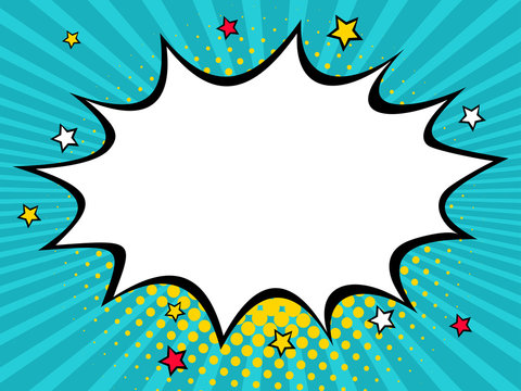 Empty comic speech bubble with dots and stars. Vector colorful background in pop art retro comic style.