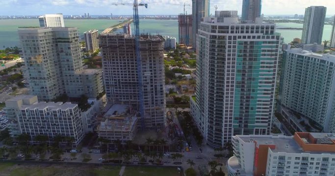 Aerial video of a highrise condominium under construction at Midtown Miami 4k 60p