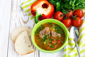 Caucasian lamb or beef Shurpa soup with vegetables