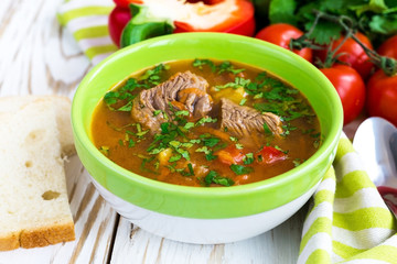 Caucasian lamb or beef Shurpa soup with vegetables