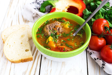 Caucasian lamb or beef Shurpa soup with vegetables