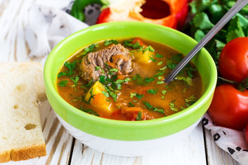 Caucasian lamb or beef Shurpa soup with vegetables