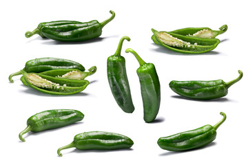 Set of whole and sliced Anaheim peppers, paths