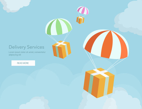 Web banner for Delivery Services and E-Commerce. Packages are flying on parachutes.Flat elements isolated vector illustration