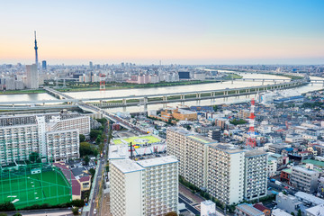 Asia Business concept for real estate and corporate construction - panoramic modern cityscape building bird eye aerial view with tokyo skytree under sunrise and morning blue bright sky in Tokyo,Japan