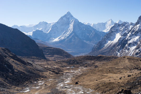 Landscape of Ama Dablam mountain peak, Everest region, Nepal