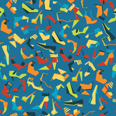 Seamless pattern with different beautiful shoes on blue background. Vector illustration with sandals, shoes and heels. Tileable design for fabric, pattern paper and fashion design.