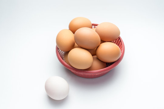 egg in basket on white background and single white egg