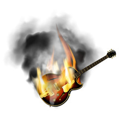 Jazz guitar with the stamp in the fire and smoke. Isolated object on a white background can be used with any text or image, smoke and fire transparency effect is saved.
