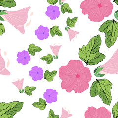 seamless with pink and purple buds of mallow, pattern for textille