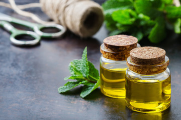 Organic essential mint oil with green leaves