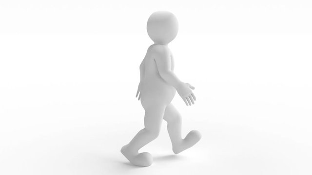 Walking white man on the white background. 3d render. Character animation. Side view.