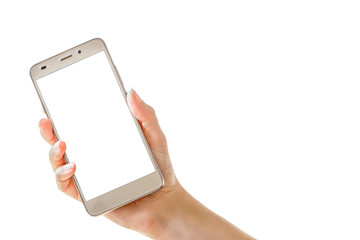 Hand holding mobile smart phone isolated on white