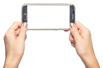 Hand holding mobile smart phone isolated on white