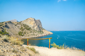 Trail Golitsyn - Falcon Path a mountain pathway carved on side of Koba-Kaya. Crimea.