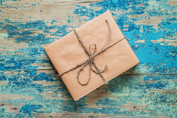 Vintage gift box brown paper wrapped with rope